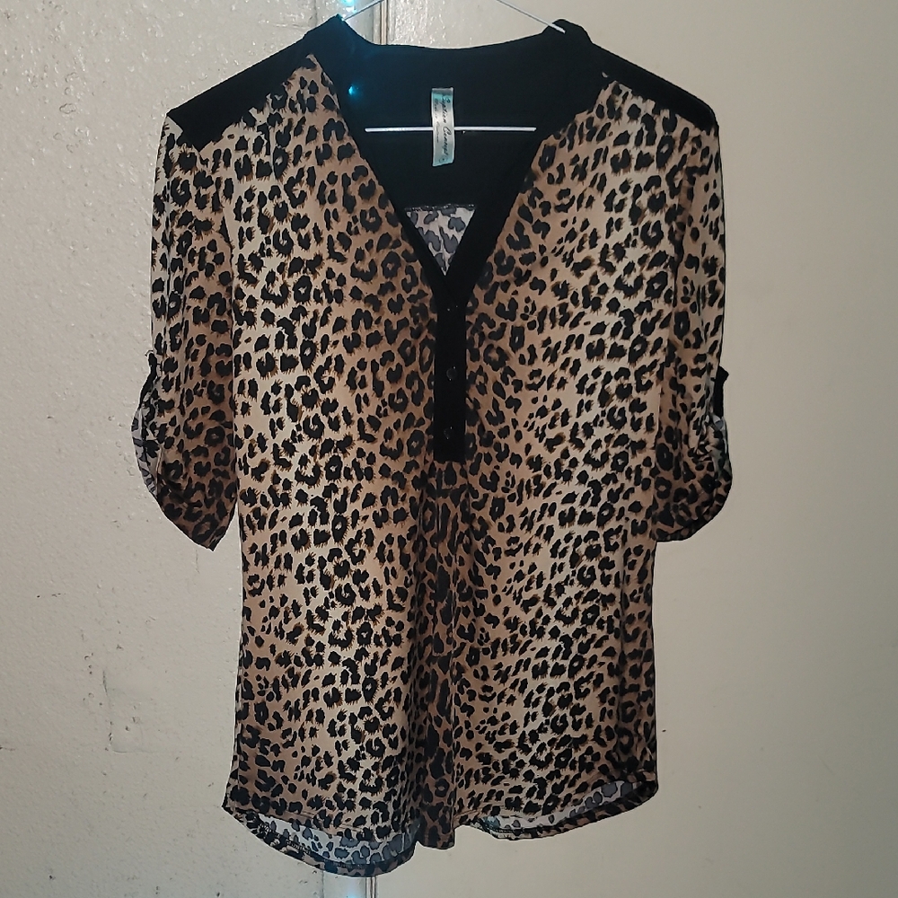 PerSeption Concept Tan and Black Leopard Print V-Neck Blouse